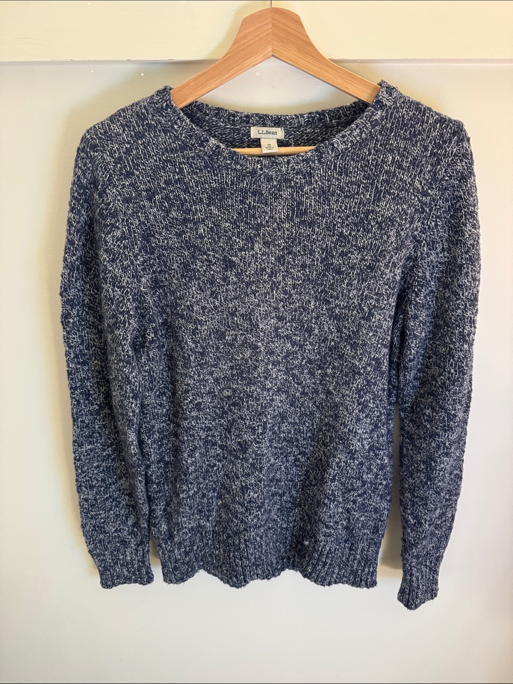 L.L. Bean 100% Cotton Marled Crewneck Sweater Navy Blue White Heather Knit M
